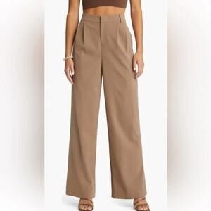 NWT Open Edit Palazzo Wide Leg Pants Elastic Waist Drawstring Tan L Quiet Luxury